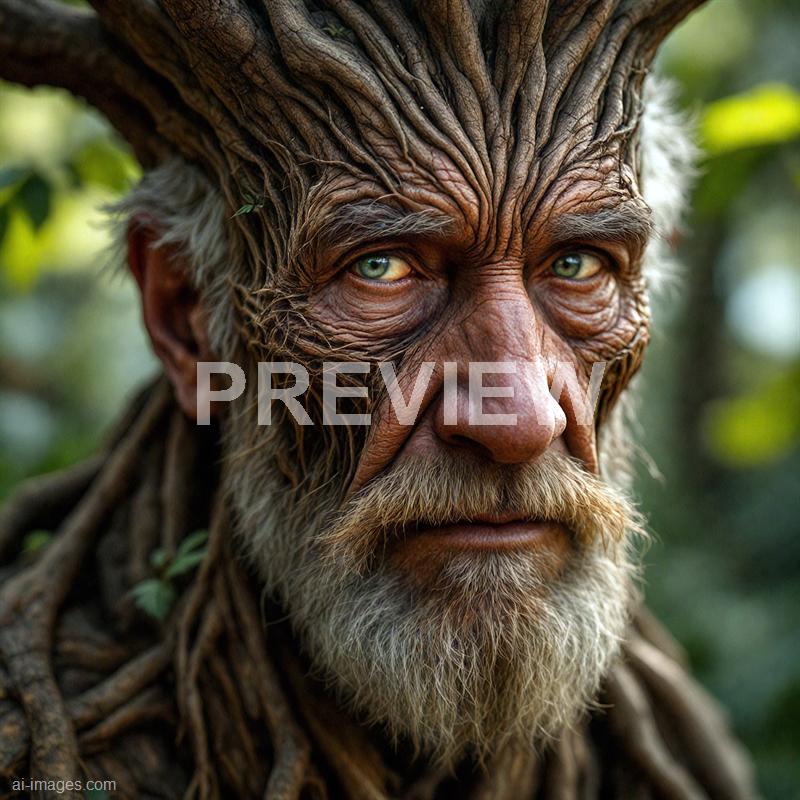 A close-up portrait of an elderly man with deeply wrinkled skin and striking green eyes. His hair and beard are long, white, and slightly unkempt, blending with his thick, textured hair that appears to be intertwined with natural elements like tree bark or roots. The background is blurred with green foliage, emphasizing the detailed features of his face and conveying a sense of connection with nature.